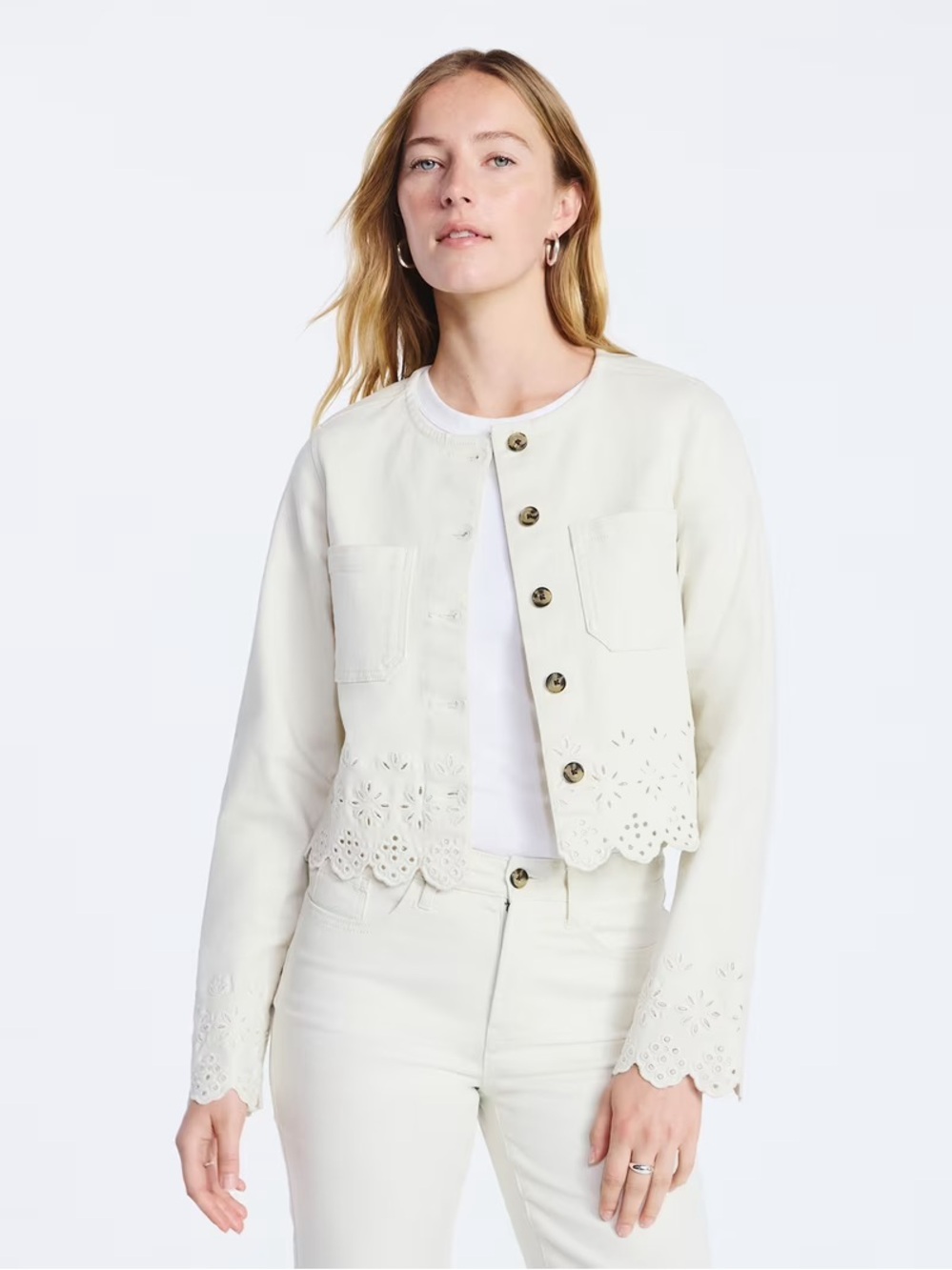 FREE ASSEMBLY EMBROIDERED EYELET DENIM JACKET IVORY / CREAM
